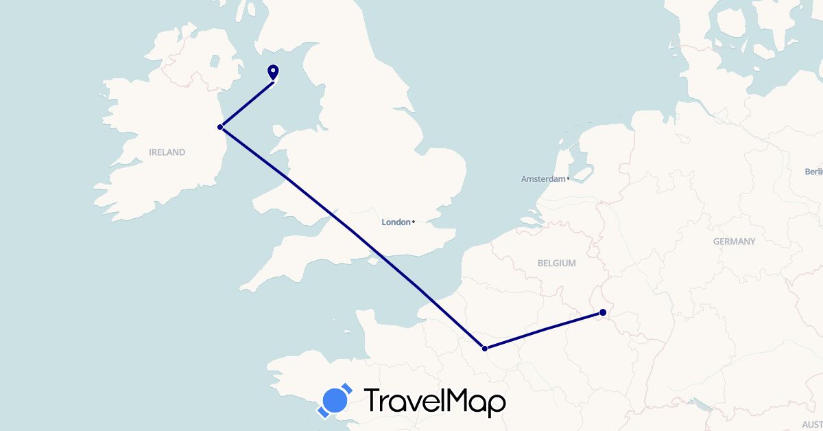 TravelMap itinerary: driving in France, Ireland, Isle of Man, Luxembourg (Europe)